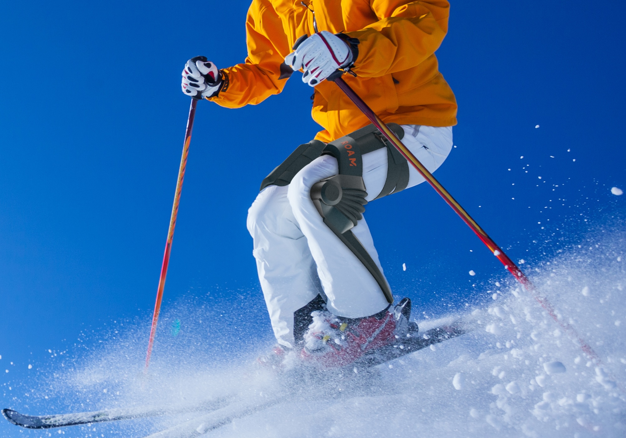 Skier wearing the Roam Elevate exoskeleton